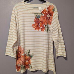 Alfred Dunner 3/4 sleeve floral and striped tshirt - 1X, white and tan